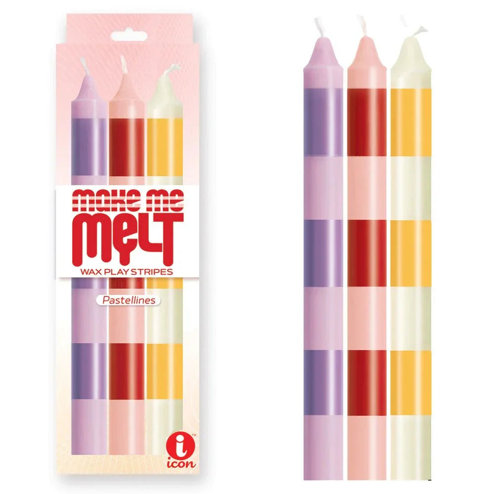 Make Me Melt Pastellines candles in pink, red and cream stripes beside their retail pack