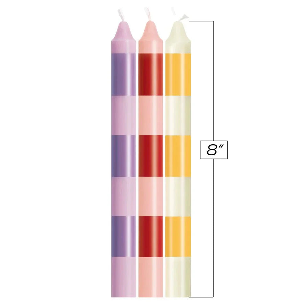 The three Pastellines striped candles upright with an 8 inch height measurement