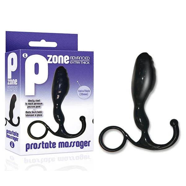 The 9's P-Zone Advanced prostate massager in Black, extra thick, beside its retail box