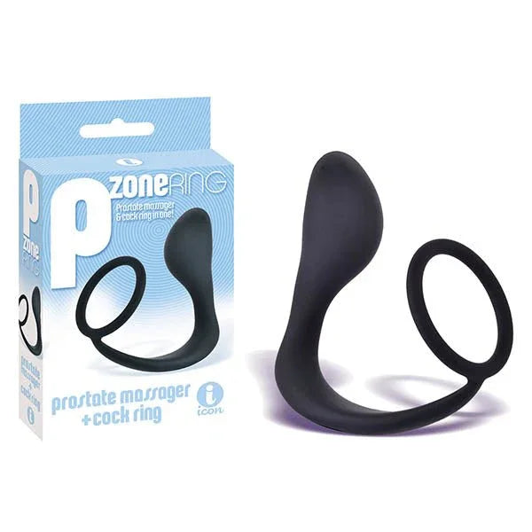 The 9's P-Zone Ring in Black, prostate plug joined to a cock ring, beside its retail box