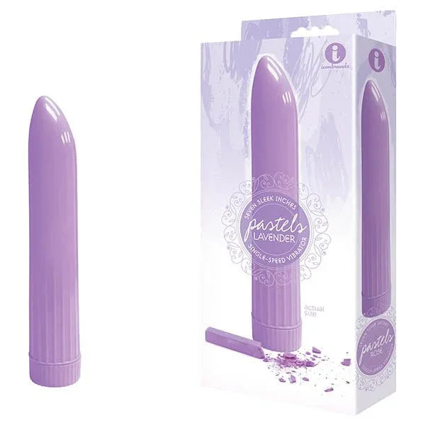 The 9's Pastel Vibes vibrator in Lavender, ribbed twist base, beside its retail box
