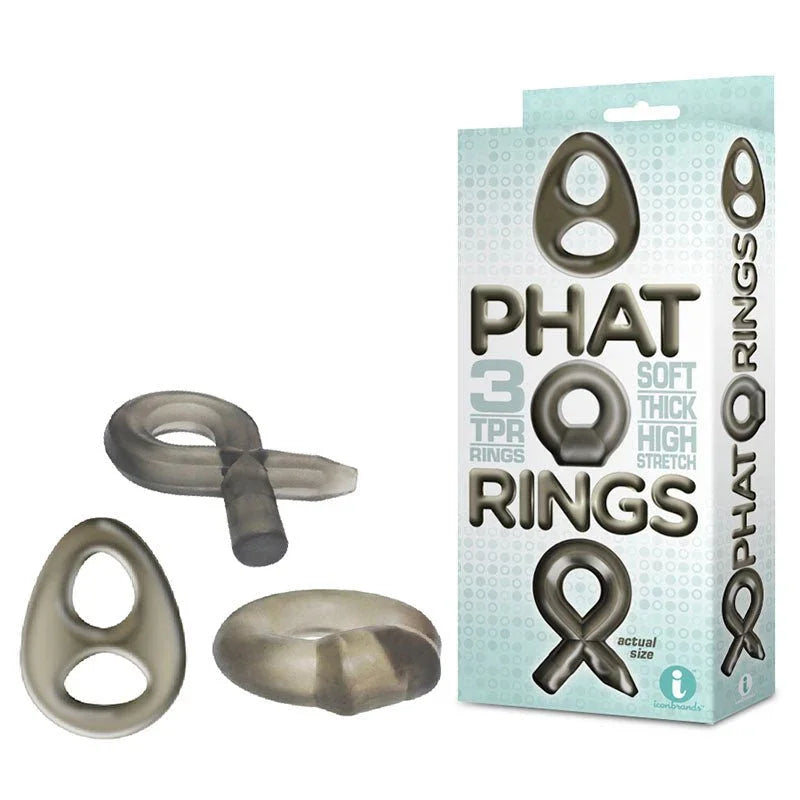 The 9's Phat Rings in Smoke, three thick TPR rings beside the retail box