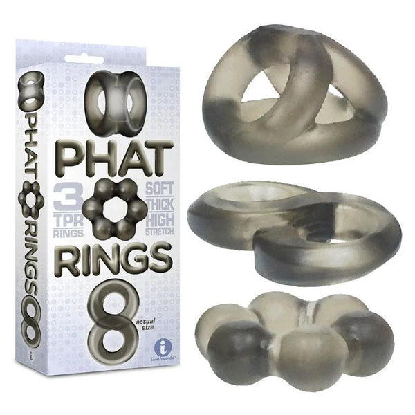 The 9's Phat Rings box beside three smoke TPR rings: figure eight, oval and knobbed