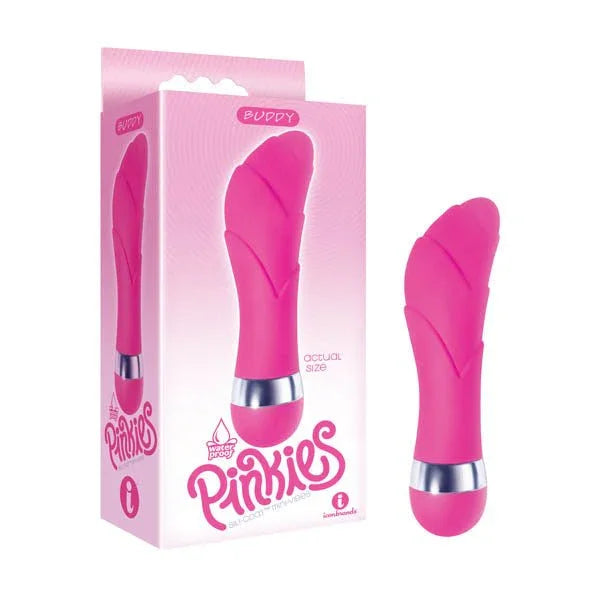 The 9's Pinkies Buddy vibrator in Pink with a swirled tip, beside its retail box