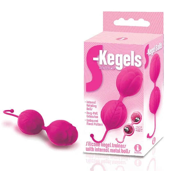 The 9's S-Kegels in Pink, twin weighted balls on a pull loop, beside the retail box