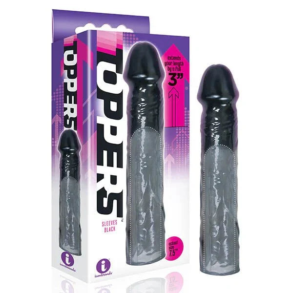 The 9's Toppers sleeve in Black, studded smoke-tinted shaft, shown beside two retail boxes