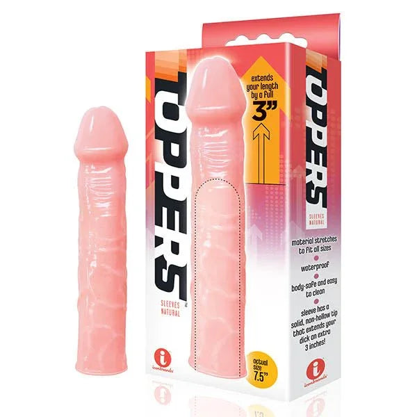 The 9's Toppers sleeve in Flesh, veined shaft beside two retail boxes