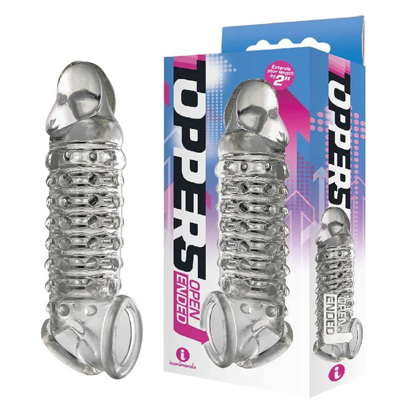 The 9's Toppers open ended sleeve in Clear, studded and ribbed, beside two retail boxes