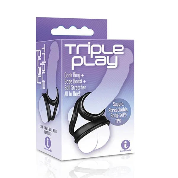 The 9's Triple Play retail box picturing the black cock ring, base boost and ball stretcher