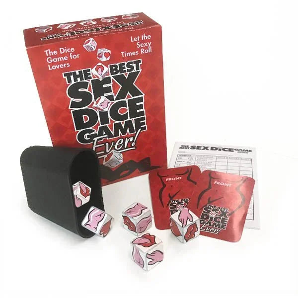 The Best Sex Dice Game Ever, box with dice, storage tube, cards and score sheet