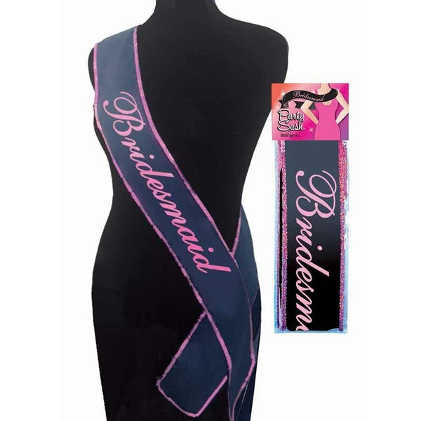 Bridesmaid hens party sash in black with pink script, on a form and in its pack