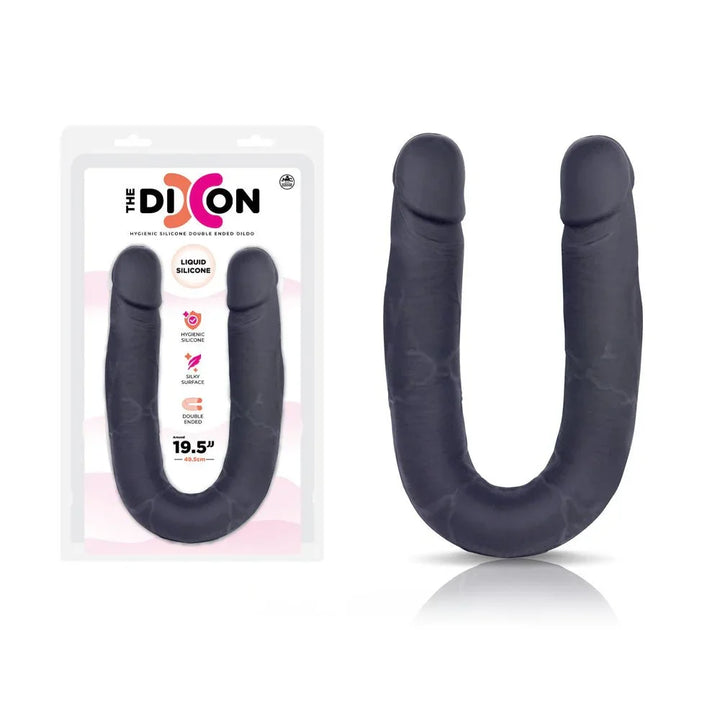 The Dixon 50 cm double dong in Black, U-shaped silicone beside its blister pack