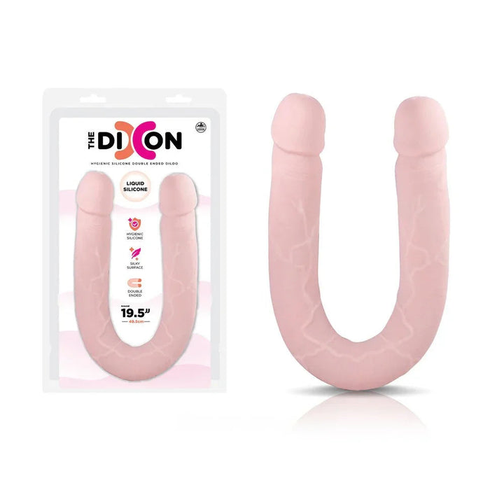 The Dixon 50 cm double dong in Flesh, U-shaped silicone beside its blister pack