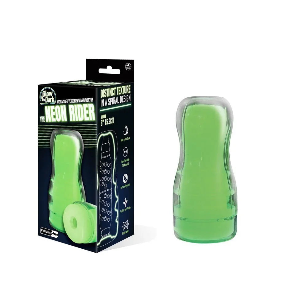 Neon Rider 15.2 cm glow stroker in Green, translucent case beside its glow-print box