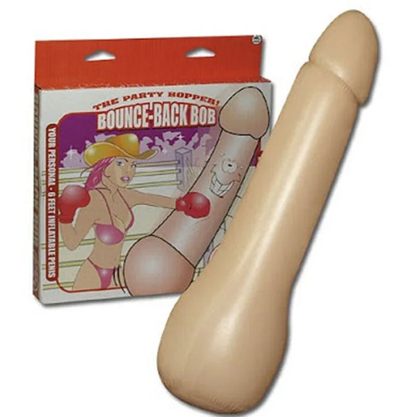 Party Bopper Bounce-Back Bob inflatable penis beside its cartoon boxing-ring box