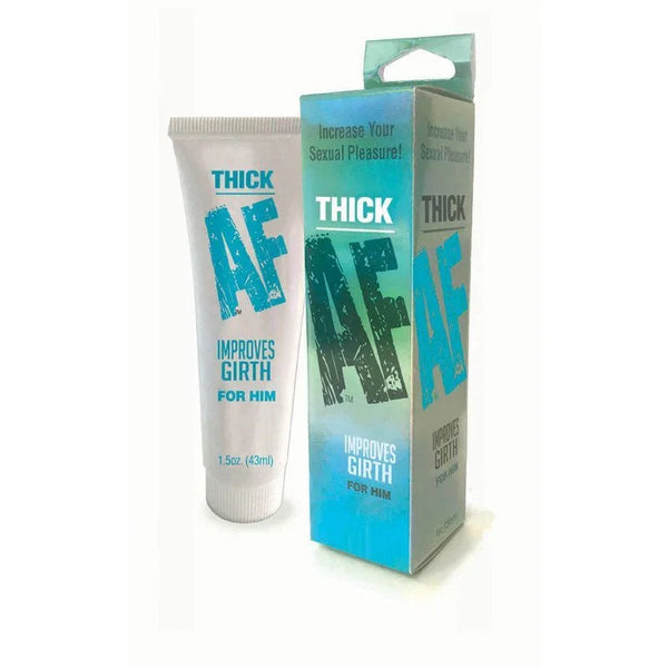 Thick AF girth cream, white 43 ml tube beside its blue and silver carton