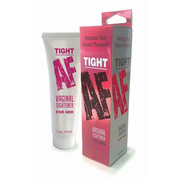 Tight AF vaginal tightener, white 43 ml tube beside its pink and silver carton