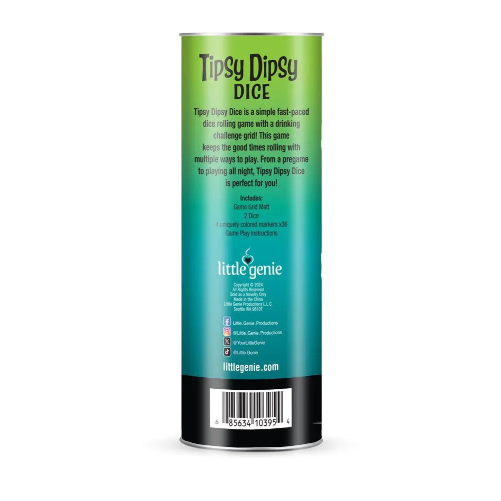 Tipsy Dipsy Dice tube reverse, describing the game and listing its contents
