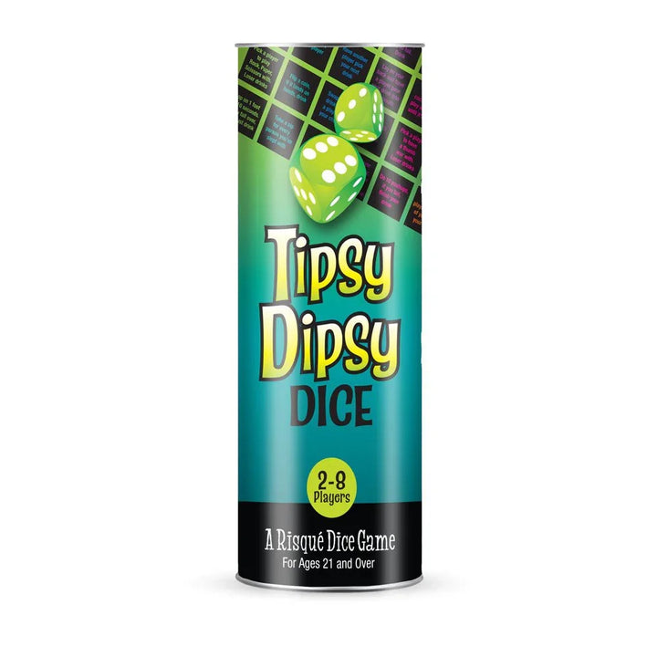 Tipsy Dipsy Dice retail tube front, marked a risque dice game for 2 to 8 players
