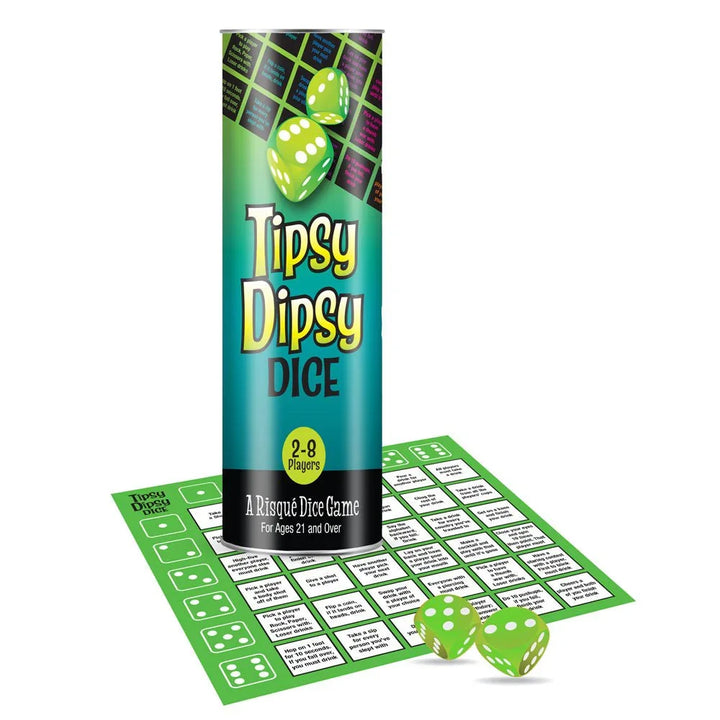Tipsy Dipsy Dice game tube with the challenge grid and two green dice in front
