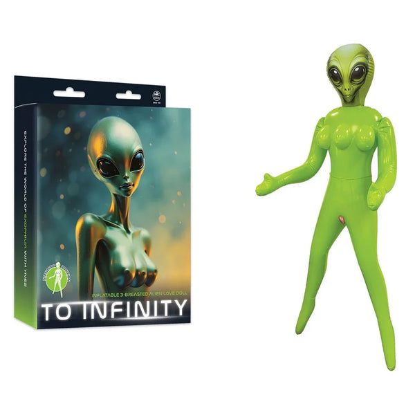 To Infinity inflatable alien love doll in Green, standing beside its space-art box