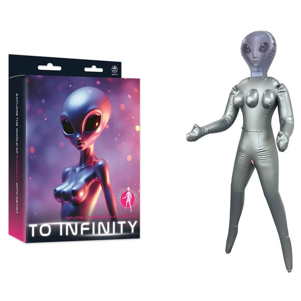 To Infinity inflatable alien love doll in Silver, standing beside its purple box