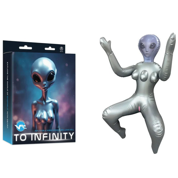To Infinity inflatable alien love doll in Silver, squatting pose beside its space-art box