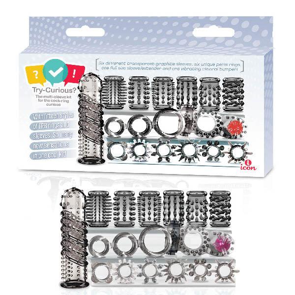 Try-Curious cock ring and sleeve kit box above the clear sleeves, rings and pink bumper