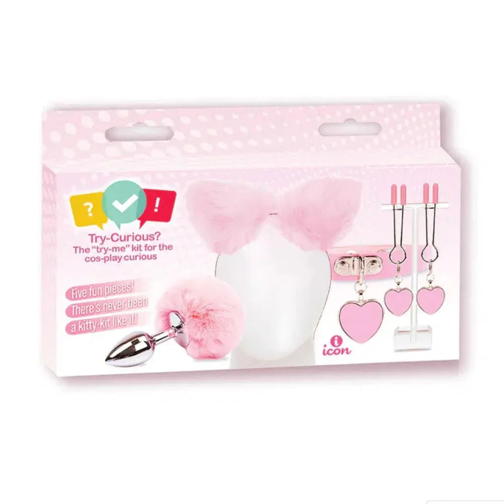 Try-Curious Kitty Kit retail box picturing pink cat ears, tail plug and heart clamps