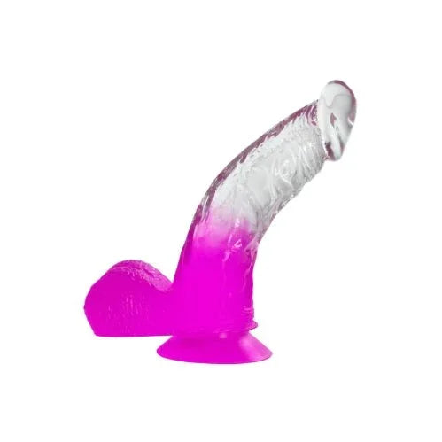 Two Tone 6 inch dong with balls in Clear/Purple, clear head over a bright magenta base
