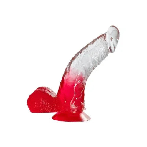 Two Tone 6 inch dong with balls in Clear/Red, clear shaft with red balls and suction base