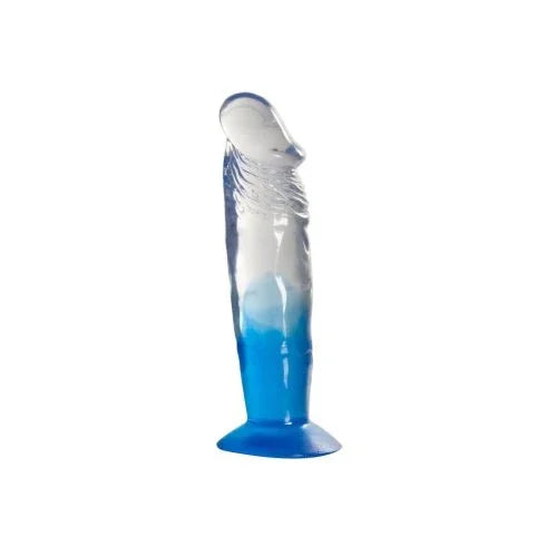 Two Tone 7 inch PVC dong in Clear/Blue, upright with blue suction base