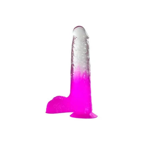 Two Tone 7 inch dong with balls in Clear/Purple, clear shaft over magenta balls