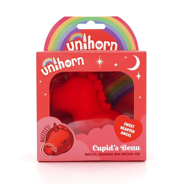 Unihorn Cupid's Beau stimulator in Red, boxed with rainbow window