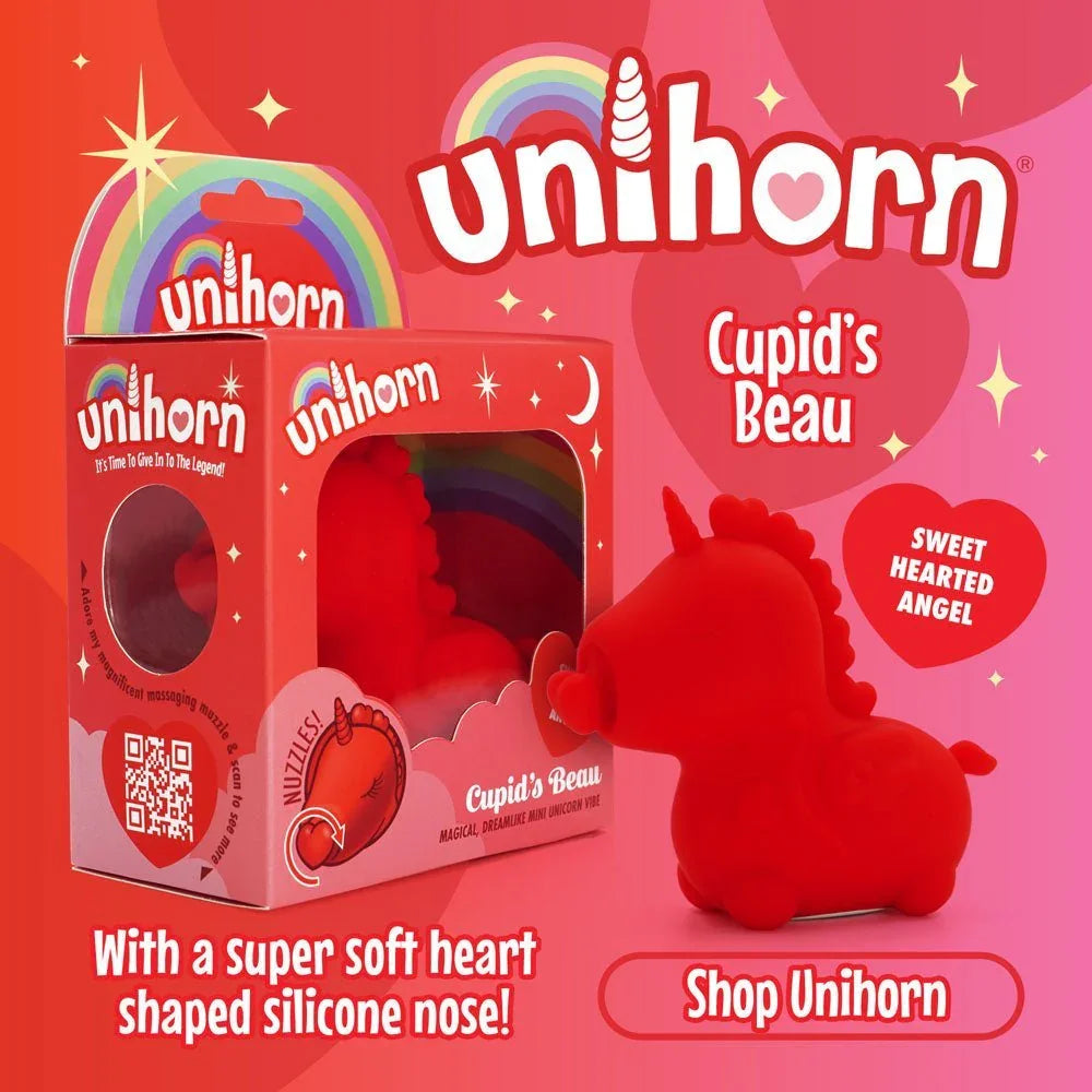Cupid's Beau promo card, boxed unicorn on red heart background