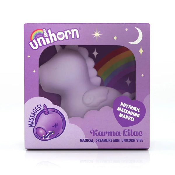 Unihorn Karma Lilac stimulator in Lilac, boxed with rainbow window