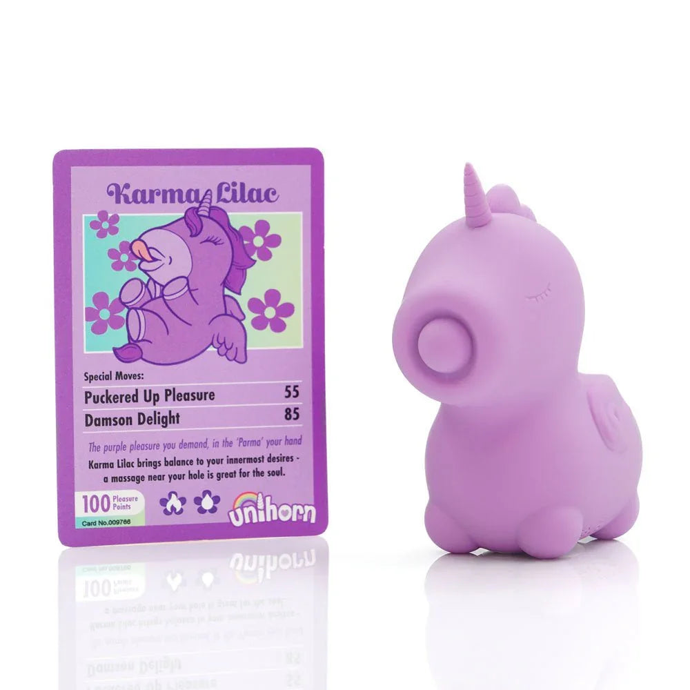 Karma Lilac beside its purple Unihorn trading card with special moves