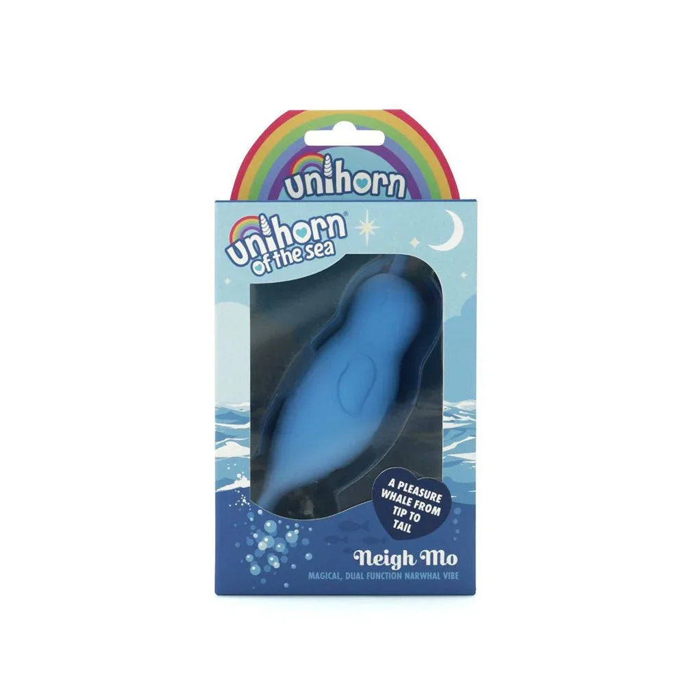 Unihorn of the Sea Neigh Mo narwhal stimulator in Blue, boxed on its wave-art card