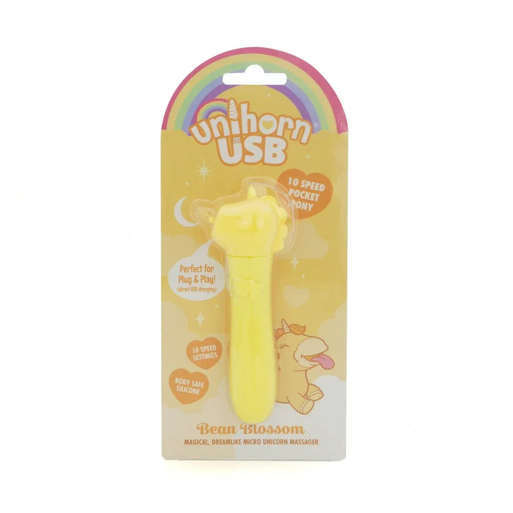 Unihorn Bean Blossom bullet in Yellow, unicorn head, on its rainbow card