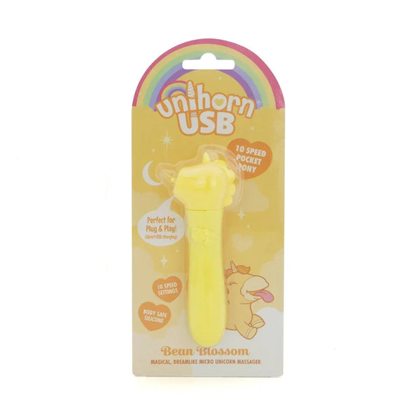 Unihorn Bean Blossom bullet in Yellow, unicorn head, on its rainbow card