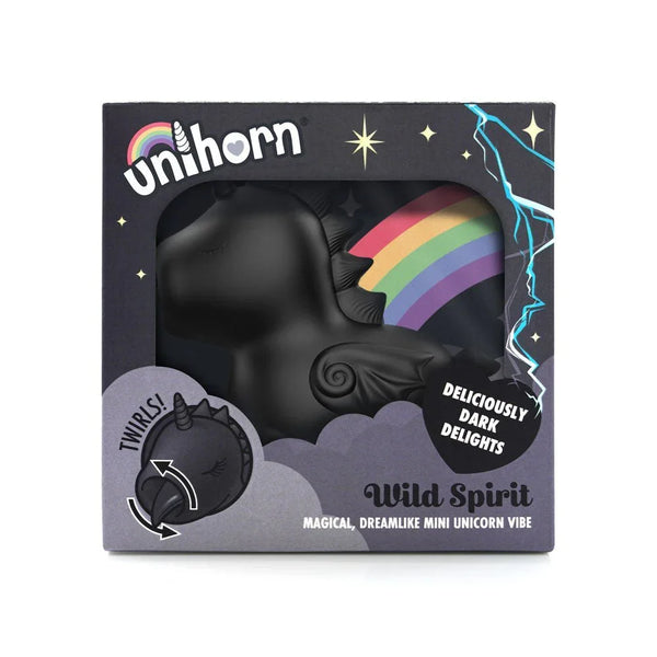 Unihorn Wild Spirit stimulator in Black, boxed with rainbow window