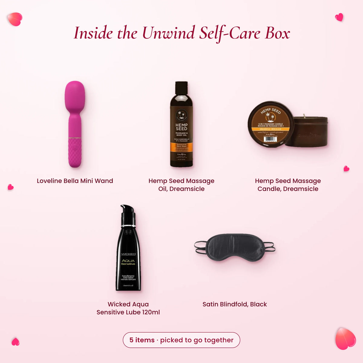 What's inside the Unwind Self-Care Box: Loveline Bella Mini Wand, Hemp Seed Massage Oil (Dreamsicle), Hemp Seed Massage…