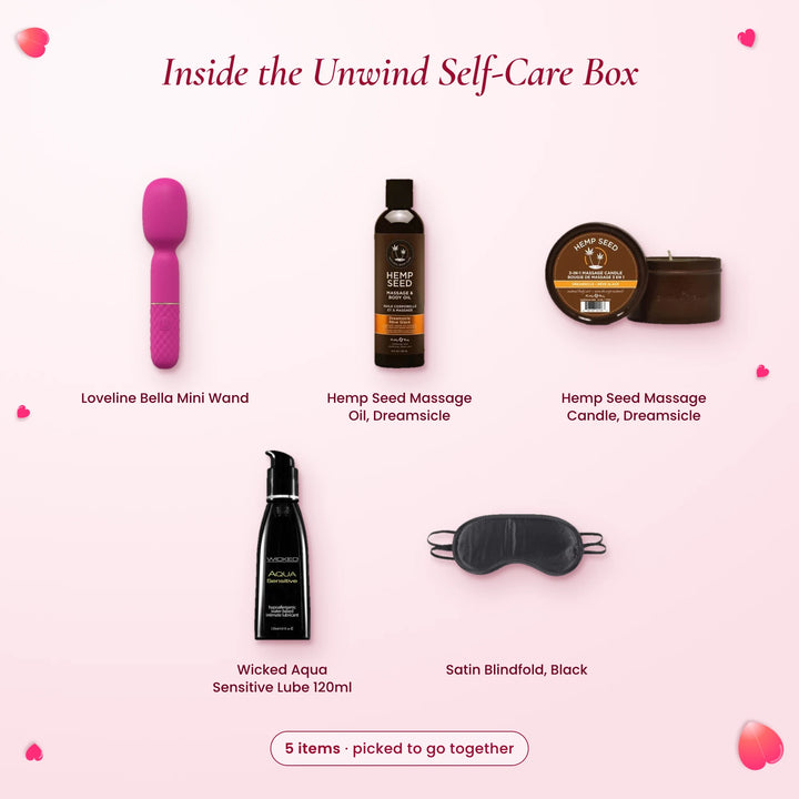 What's inside the Unwind Self-Care Box: Loveline Bella Mini Wand, Hemp Seed Massage Oil (Dreamsicle), Hemp Seed Massage…