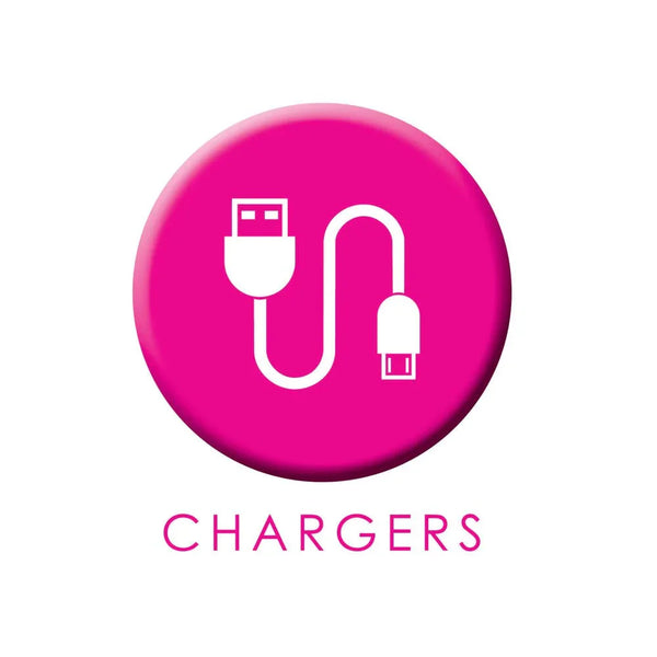 Velvetine charger listing graphic, white USB cable icon on a pink disc