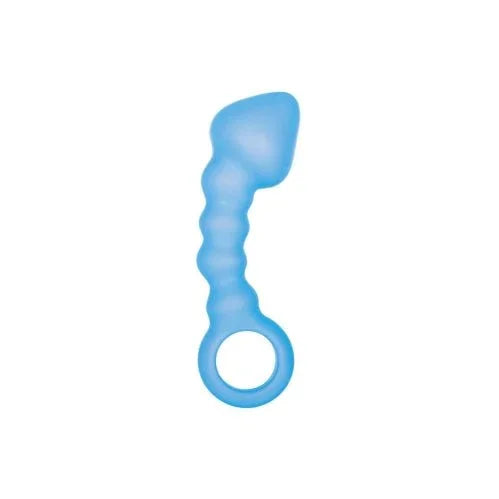 Venus 4 inch butt plug 3B in Blue, angled tip and ribbed shaft with pull ring