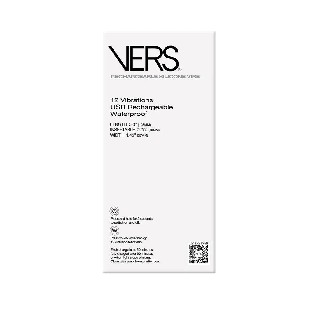 VERS Plug Vibe box back: 12 vibrations, USB rechargeable, size specs