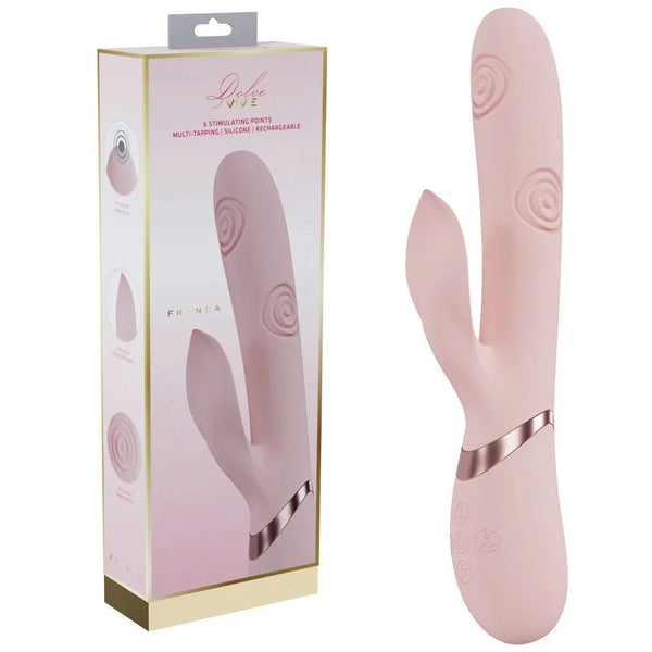 VIVE Fronda Tapping Rabbit Vibrator in Pink, cream box beside the pale pink tapping rabbit vibe