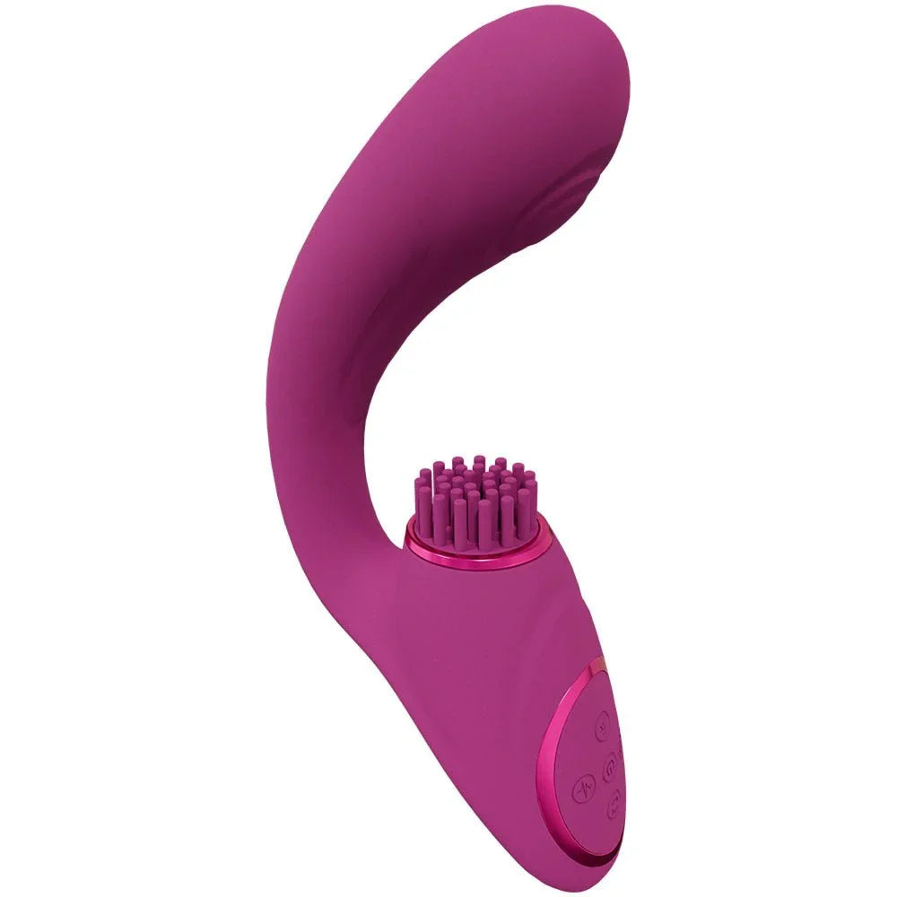 VIVE Gen Triple Motor Vibrator in Pink, side view of the curved shaft above the bristle pad