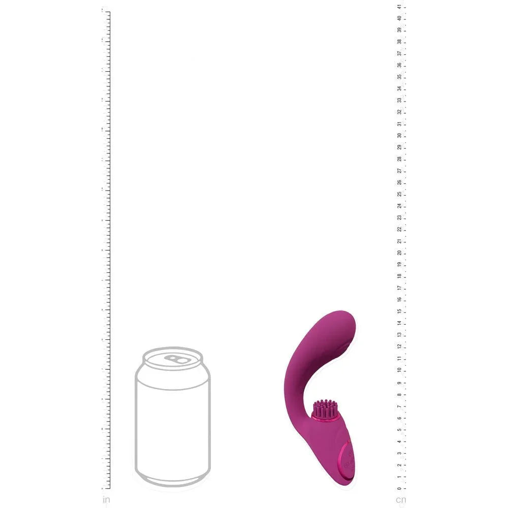 VIVE Gen Triple Motor Vibrator in Pink, scale diagram beside a drink can and rulers