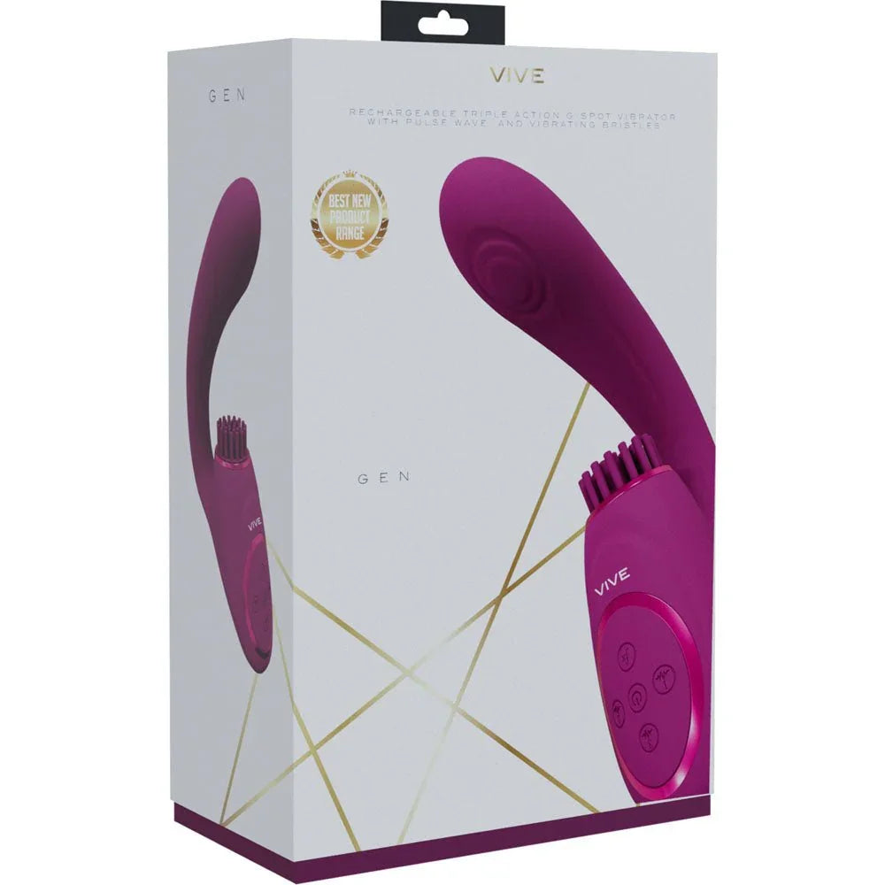 VIVE Gen Triple Motor Vibrator in Pink, front of the white and gold VIVE Gen box